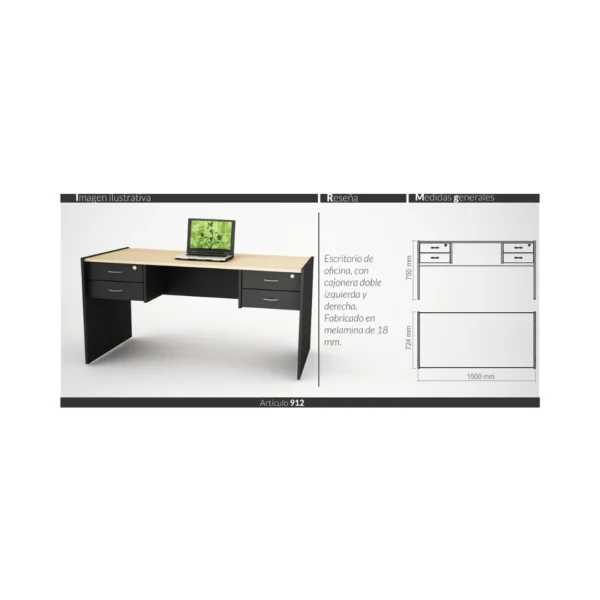 ESCRITORIO PIRO OFICINA 150 M ART 912 NEGRO / HAYA - Imagen 2