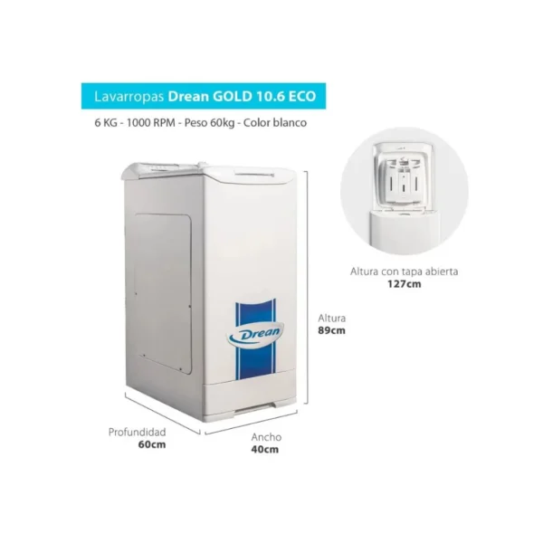LAVARROPA DREAN 6KG CARGA SUPERIOR - Imagen 2